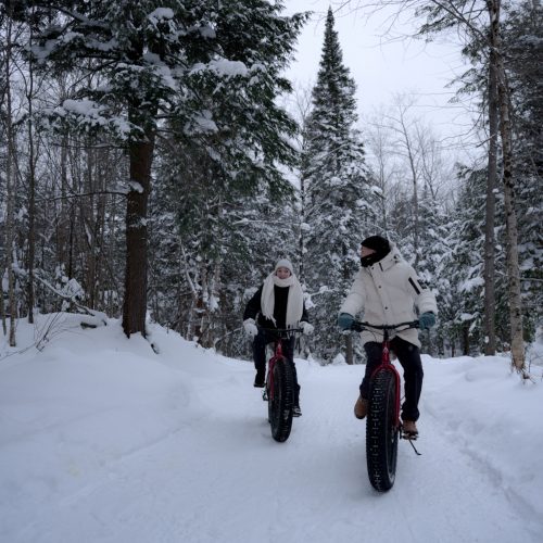 Deux fatbikes stationnés sur un sentier enneigé au cœur de la forêt en hiver au Vert Tendre
