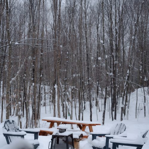 Espace extérieur enneigé avec table et fauteuils autour d’un foyer au Vert Tendre, en forêt au Québec